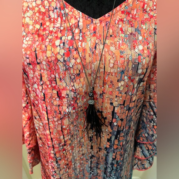 Ombre Bell Sleeve Dress V Neck Pink Teal Abstract Sz L NWT - Picture 3 of 9